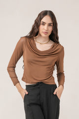 Clobug Women Solid Net Full Sleeve Cowl Neck Crop Top