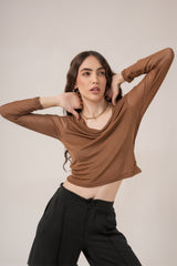 Clobug Women Solid Net Full Sleeve Cowl Neck Crop Top
