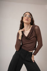 Clobug Women Solid Net Full Sleeve Cowl Neck Crop Top