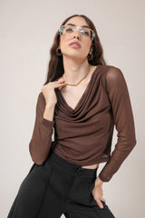 Clobug Women Solid Net Full Sleeve Cowl Neck Crop Top