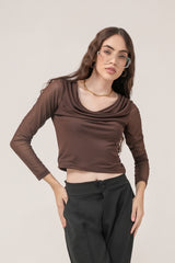 Clobug Women Solid Net Full Sleeve Cowl Neck Crop Top
