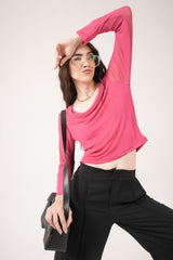 Clobug Women Solid Net Full Sleeve Cowl Neck Crop Top