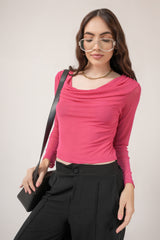 Clobug Women Solid Net Full Sleeve Cowl Neck Crop Top