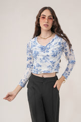 Clobug Women Printed Net Full Sleeve Cowl Neck Blue Crop Top