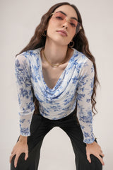 Clobug Women Printed Net Full Sleeve Cowl Neck Blue Crop Top