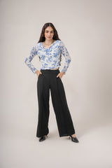 Clobug Women Printed Net Full Sleeve Cowl Neck Blue Crop Top