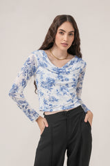 Clobug Women Printed Net Full Sleeve Cowl Neck Blue Crop Top