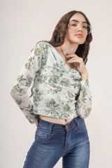 Clobug Women Printed Net Full Sleeve Cowl Neck Blue Crop Top