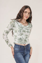 Clobug Women Printed Net Full Sleeve Cowl Neck Blue Crop Top