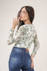 Clobug Women Printed Net Full Sleeve Cowl Neck Blue Crop Top
