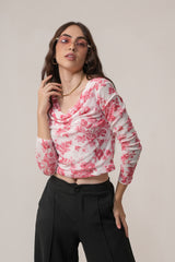 Clobug Women Printed Net Full Sleeve Cowl Neck Blue Crop Top