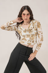 Clobug Women Printed Net Full Sleeve Cowl Neck Blue Crop Top