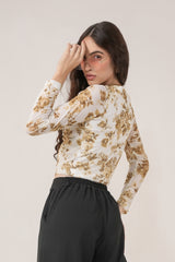 Clobug Women Printed Net Full Sleeve Cowl Neck Blue Crop Top
