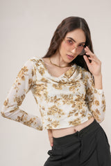 Clobug Women Printed Net Full Sleeve Cowl Neck Blue Crop Top
