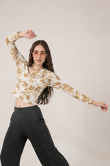 Clobug Women Printed Net Full Sleeve Cowl Neck Blue Crop Top