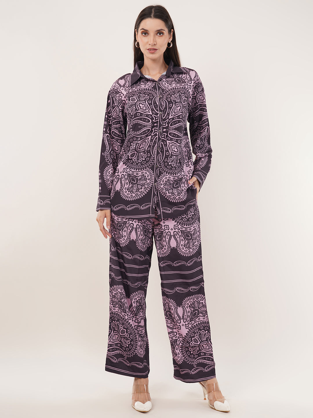 Clobug Women Printed Full Sleeve Crepe Shirt & Pant Co-ord Set