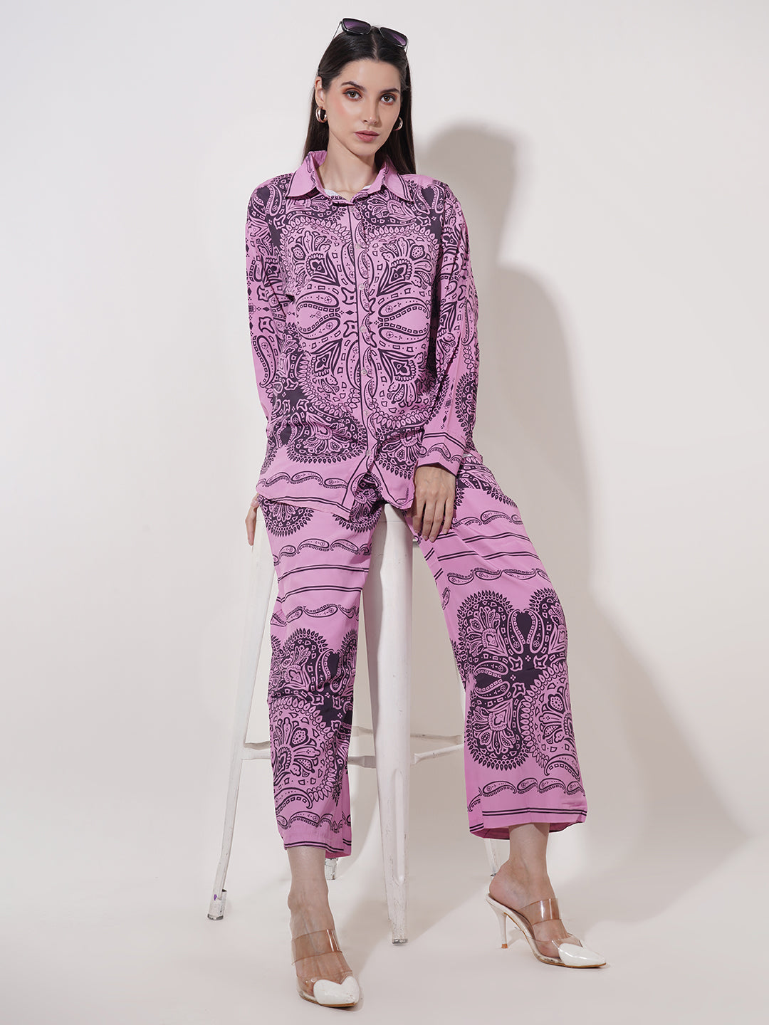 Clobug Women Printed Full Sleeve Crepe Shirt & Pant Co-ord Set