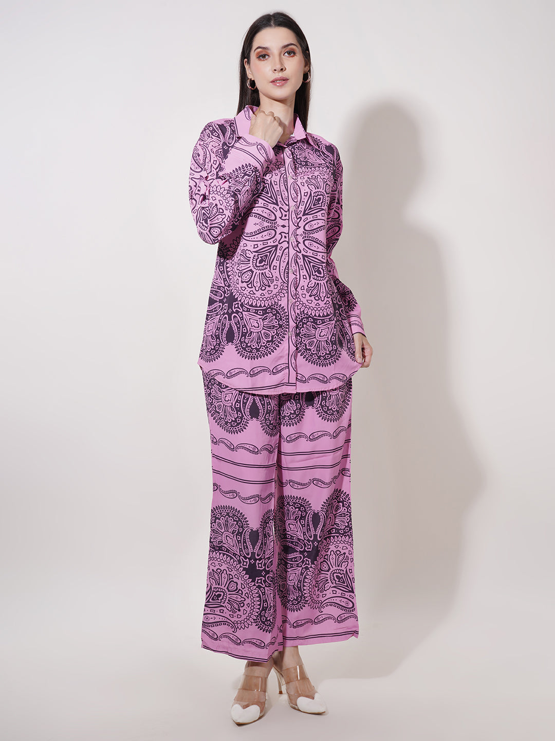 Clobug Women Printed Full Sleeve Crepe Shirt & Pant Co-ord Set