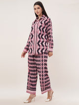 Clobug Women Printed Full Sleeve Crepe Shirt & Pant Co-ord Set