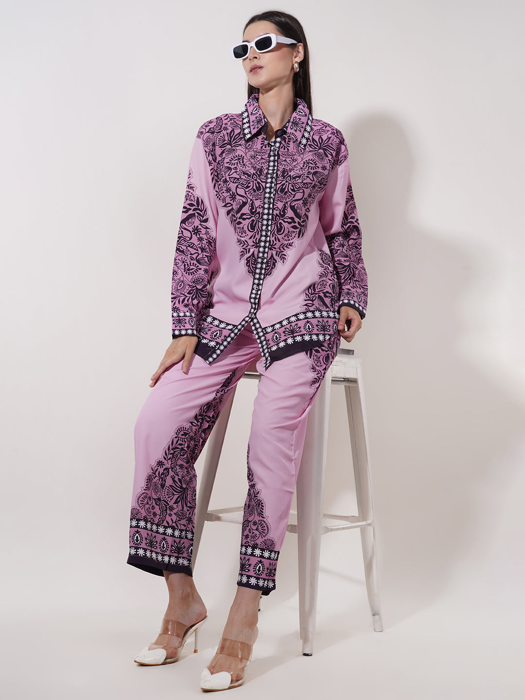 Clobug Women Printed Full Sleeve Crepe Shirt & Pant Co-ord Set