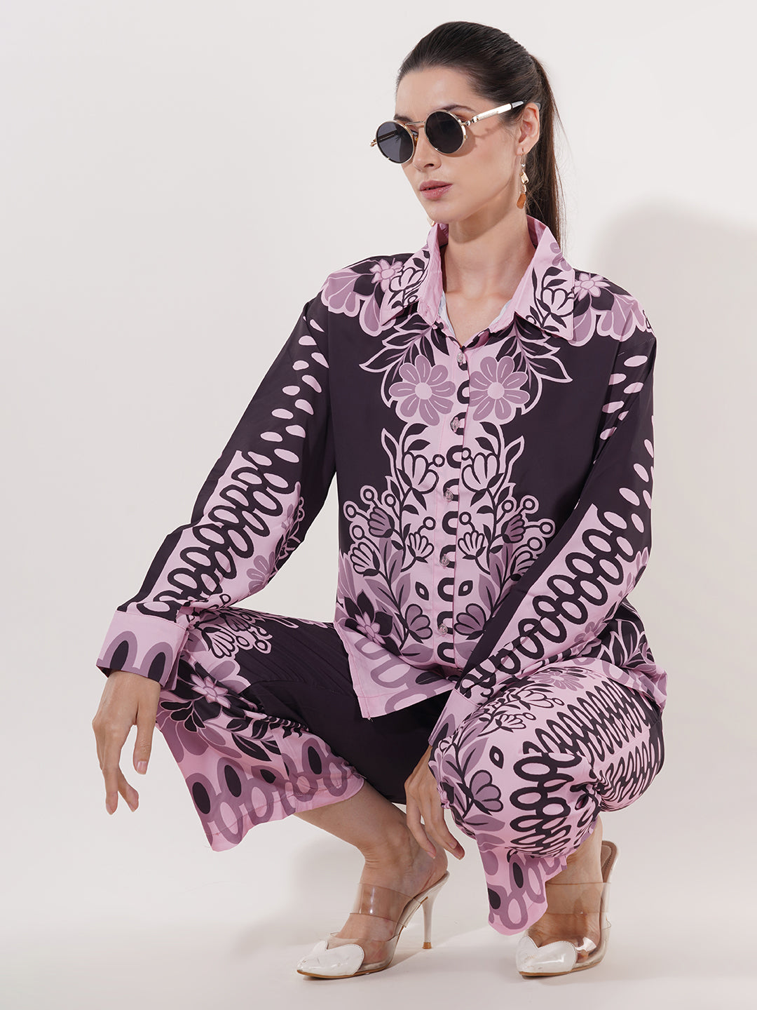 Clobug Women Printed Full Sleeve Crepe Shirt & Pant Co-ord Set