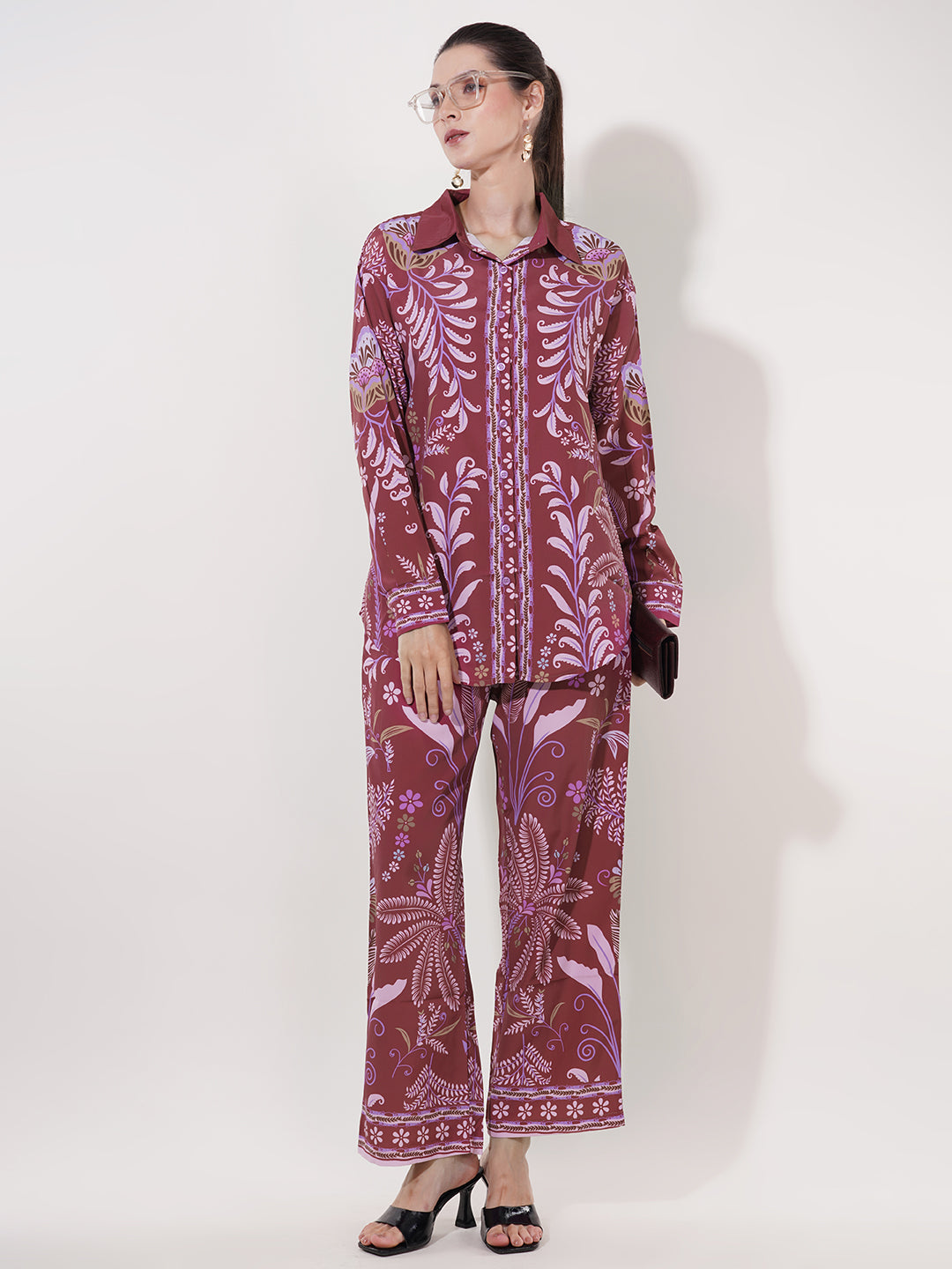Clobug Women Printed Full Sleeve Crepe Shirt & Pant Co-ord Set