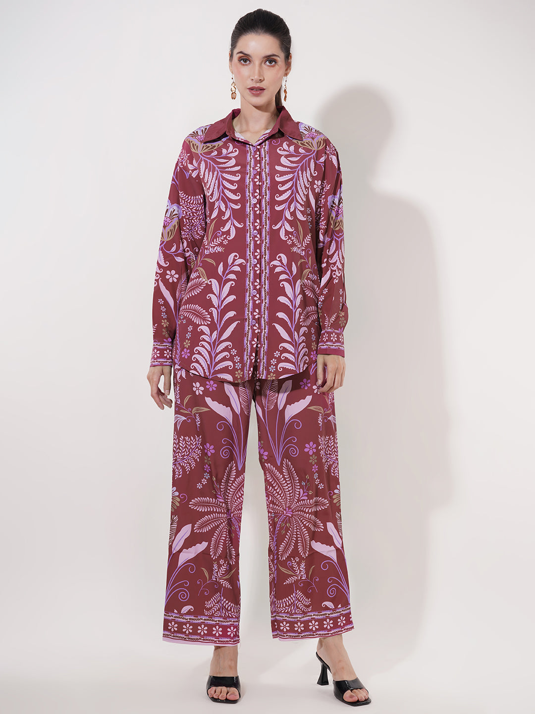 Clobug Women Printed Full Sleeve Crepe Shirt & Pant Co-ord Set