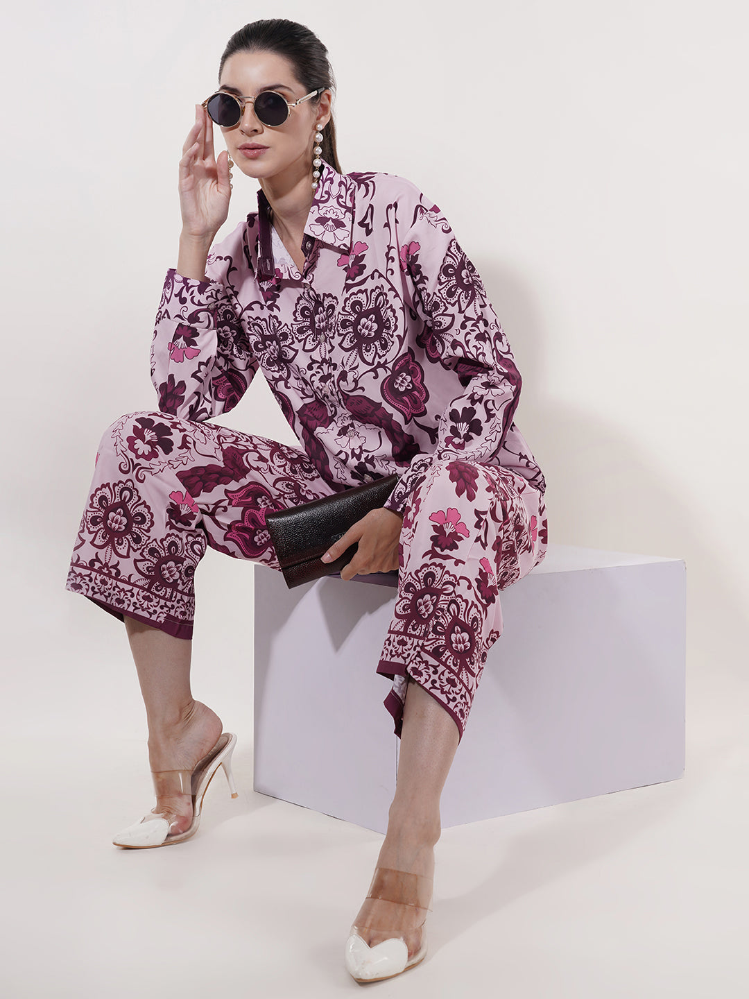 Clobug Women Printed Full Sleeve Crepe Shirt & Pant Co-ord Set