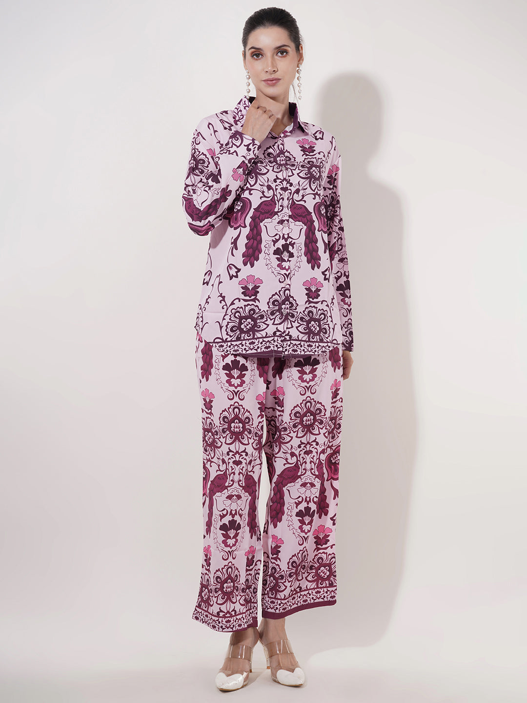 Clobug Women Printed Full Sleeve Crepe Shirt & Pant Co-ord Set