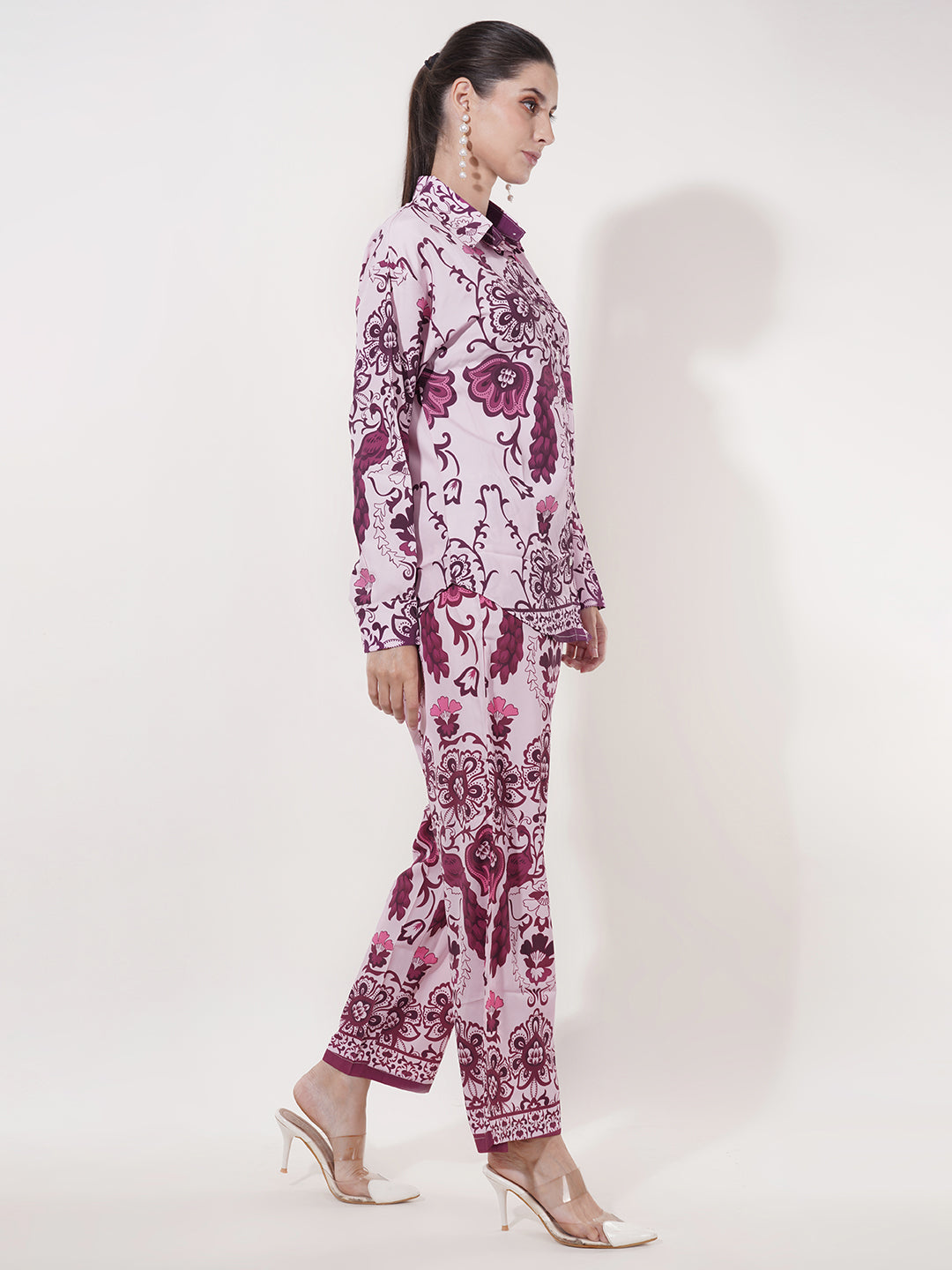 Clobug Women Printed Full Sleeve Crepe Shirt & Pant Co-ord Set