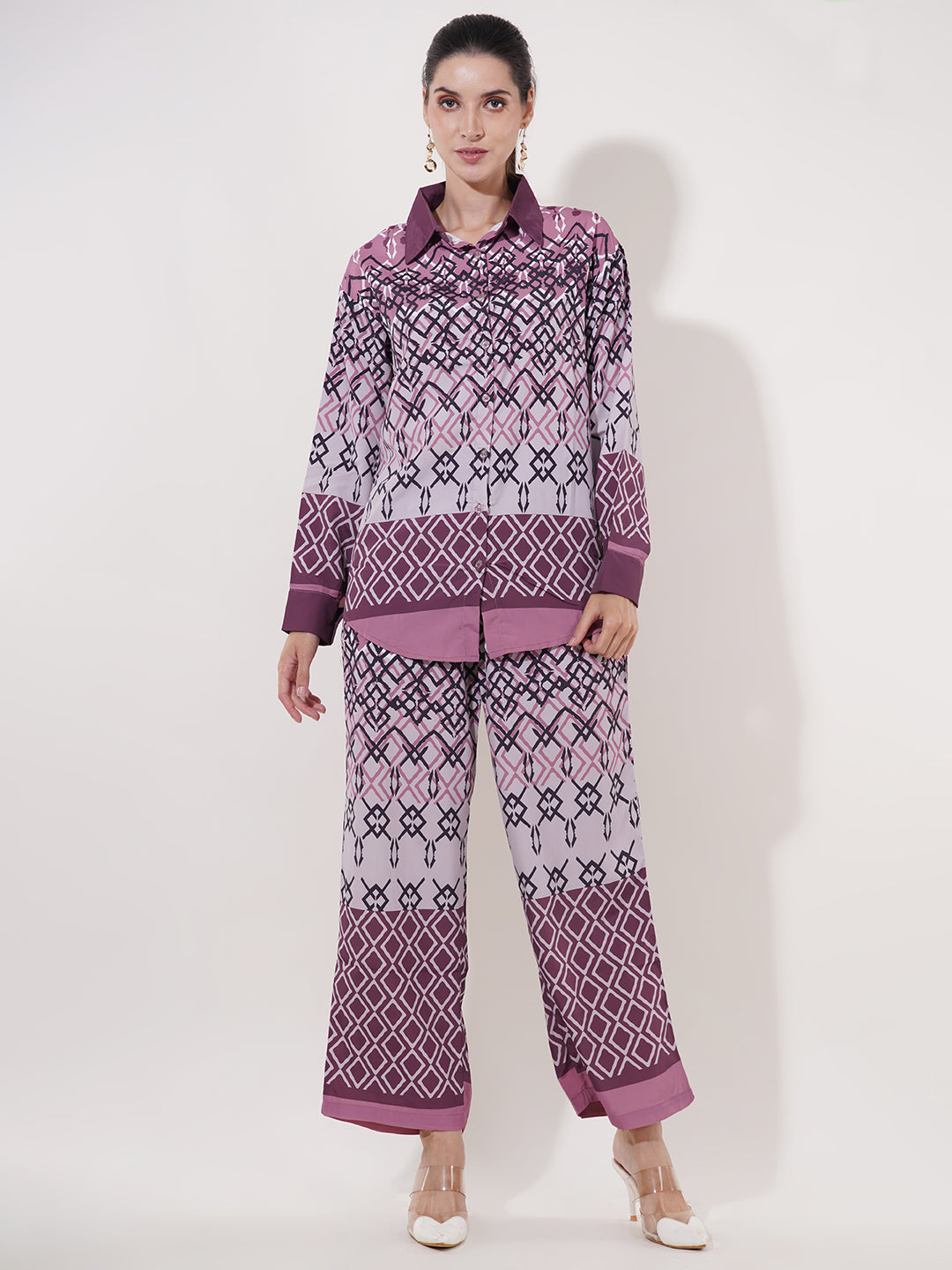 Clobug Women Printed Full Sleeve Crepe Shirt & Pant Co-ord Set
