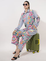 Clobug Women Printed Full Sleeve Crepe Shirt & Pant Co-ord Set