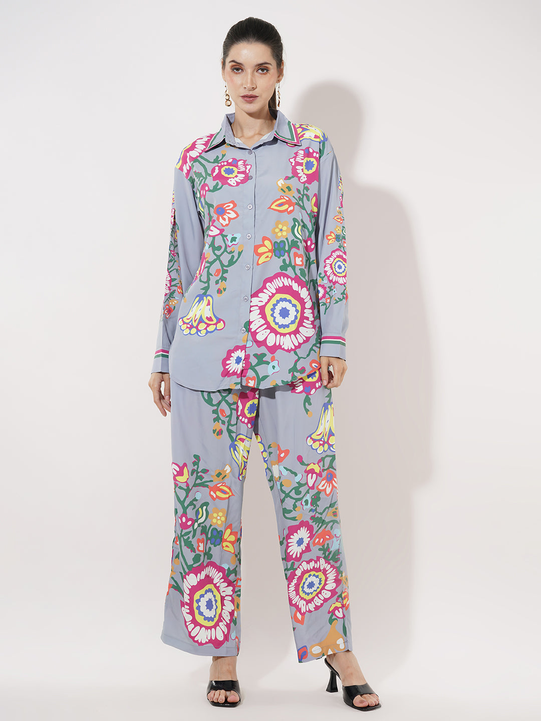 Clobug Women Printed Full Sleeve Crepe Shirt & Pant Co-ord Set