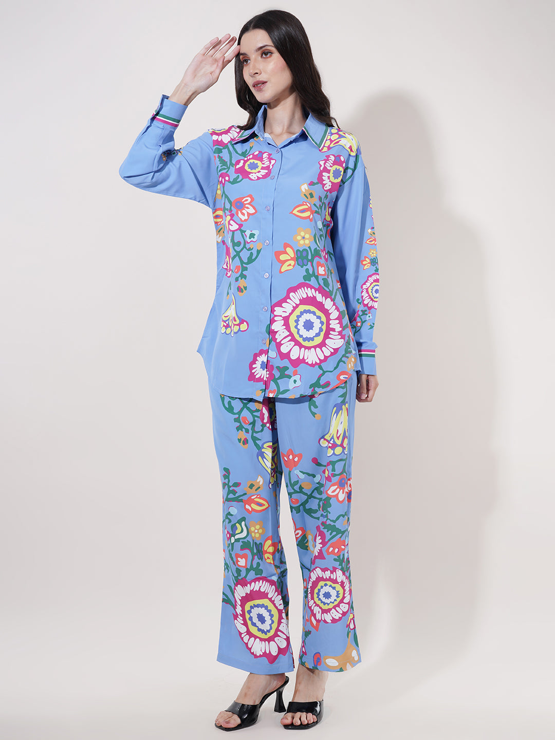 Clobug Women Printed Full Sleeve Crepe Shirt & Pant Co-ord Set