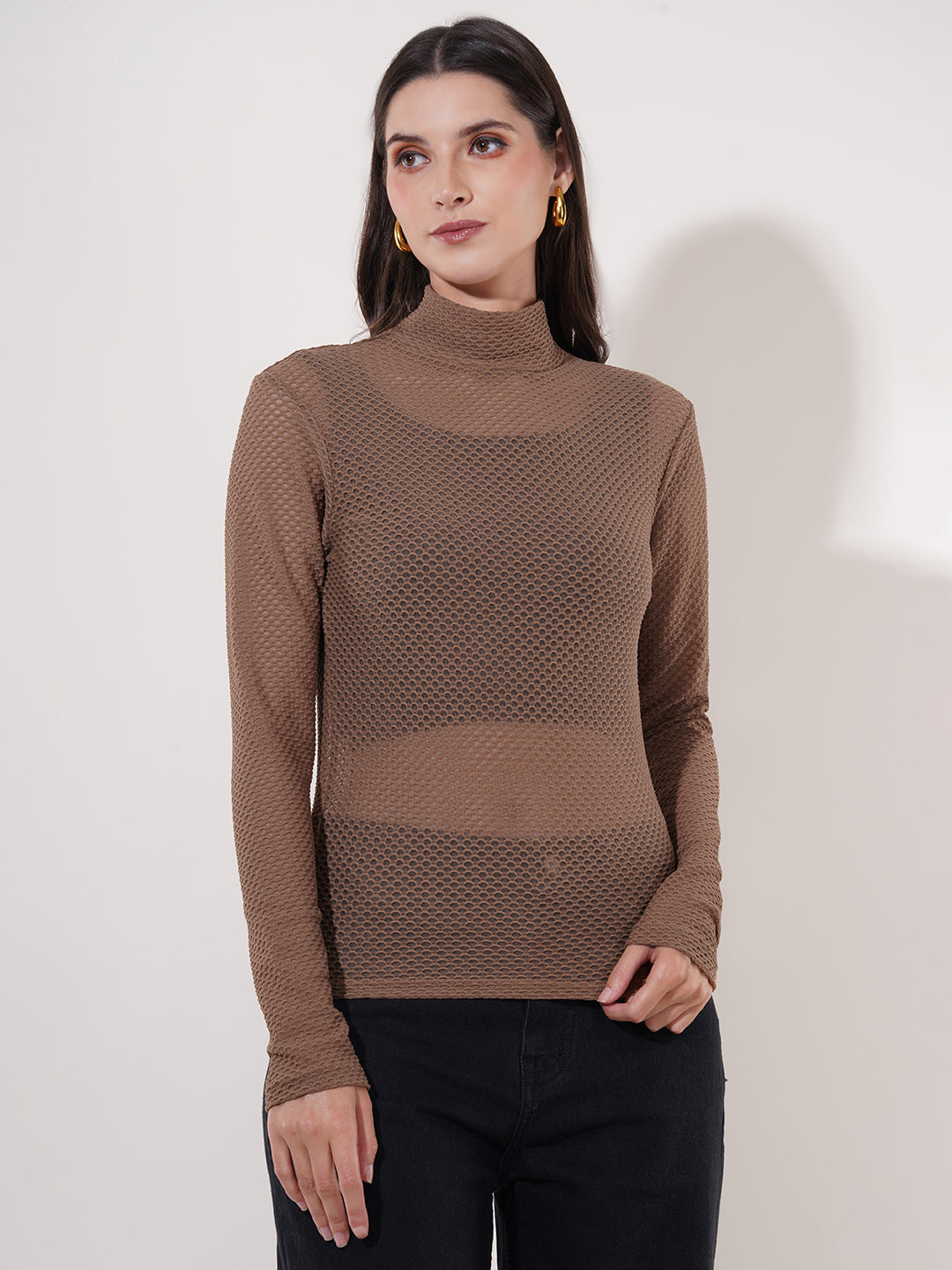 Clobug Women High Neck Full Sleeve Net Top