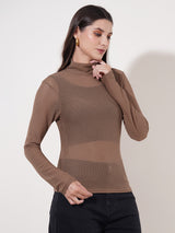 Clobug Women High Neck Full Sleeve Net Top