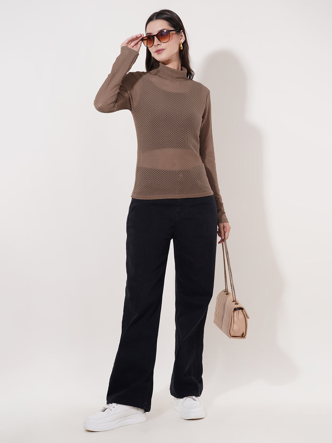 Clobug Women High Neck Full Sleeve Net Top