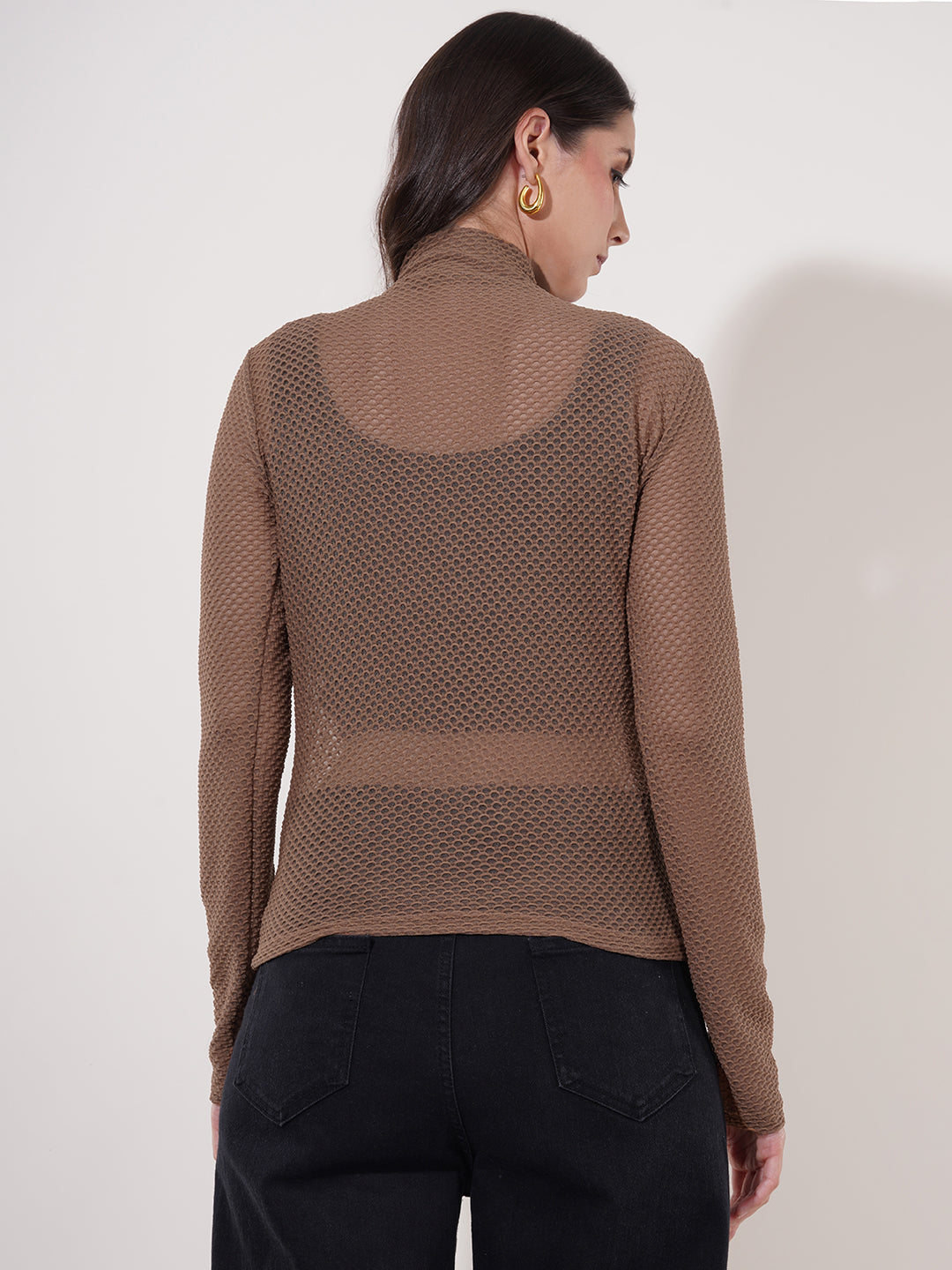 Clobug Women High Neck Full Sleeve Net Top