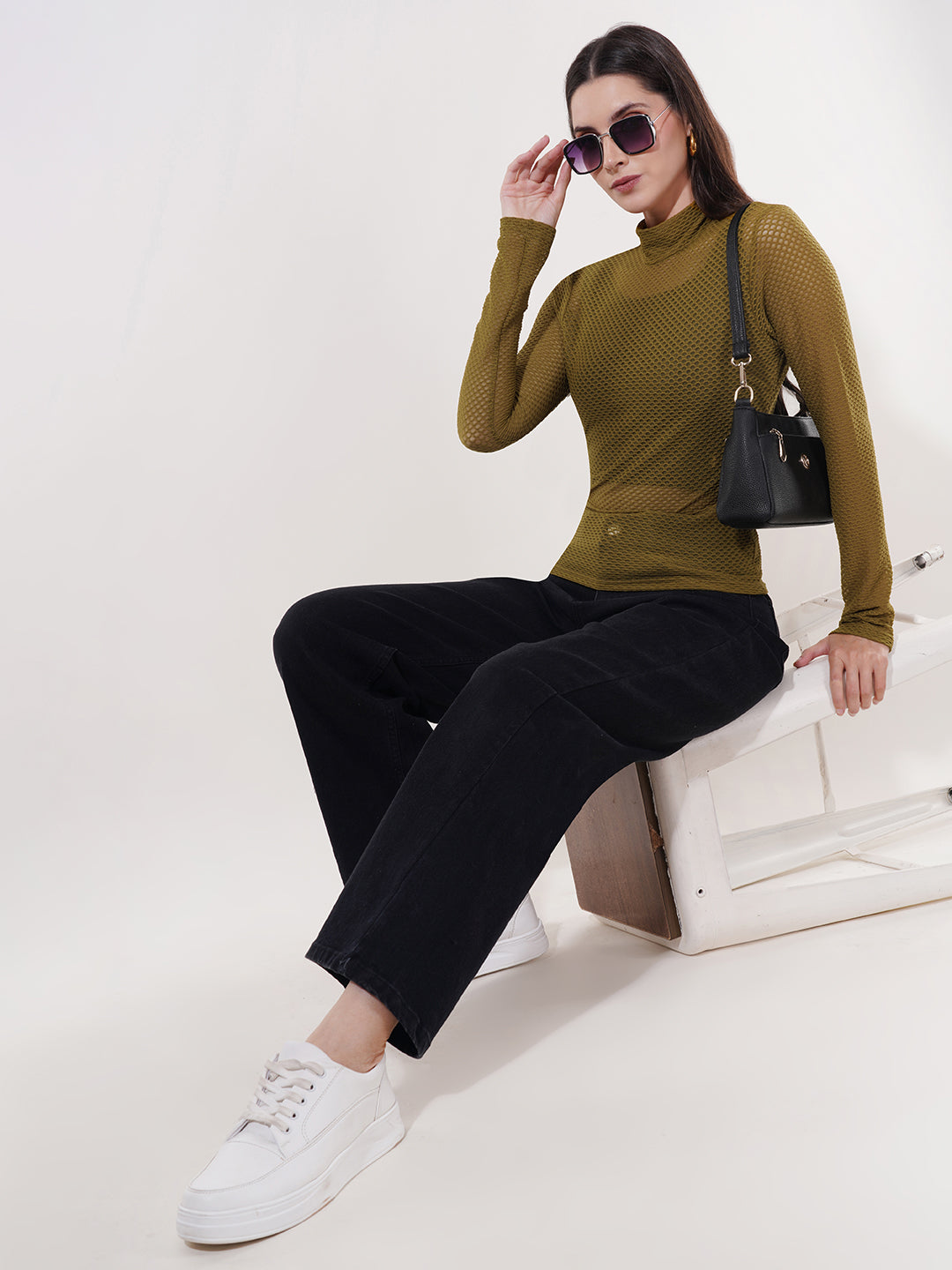 Clobug Women High Neck Full Sleeve Net Top