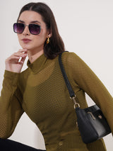 Clobug Women High Neck Full Sleeve Net Top