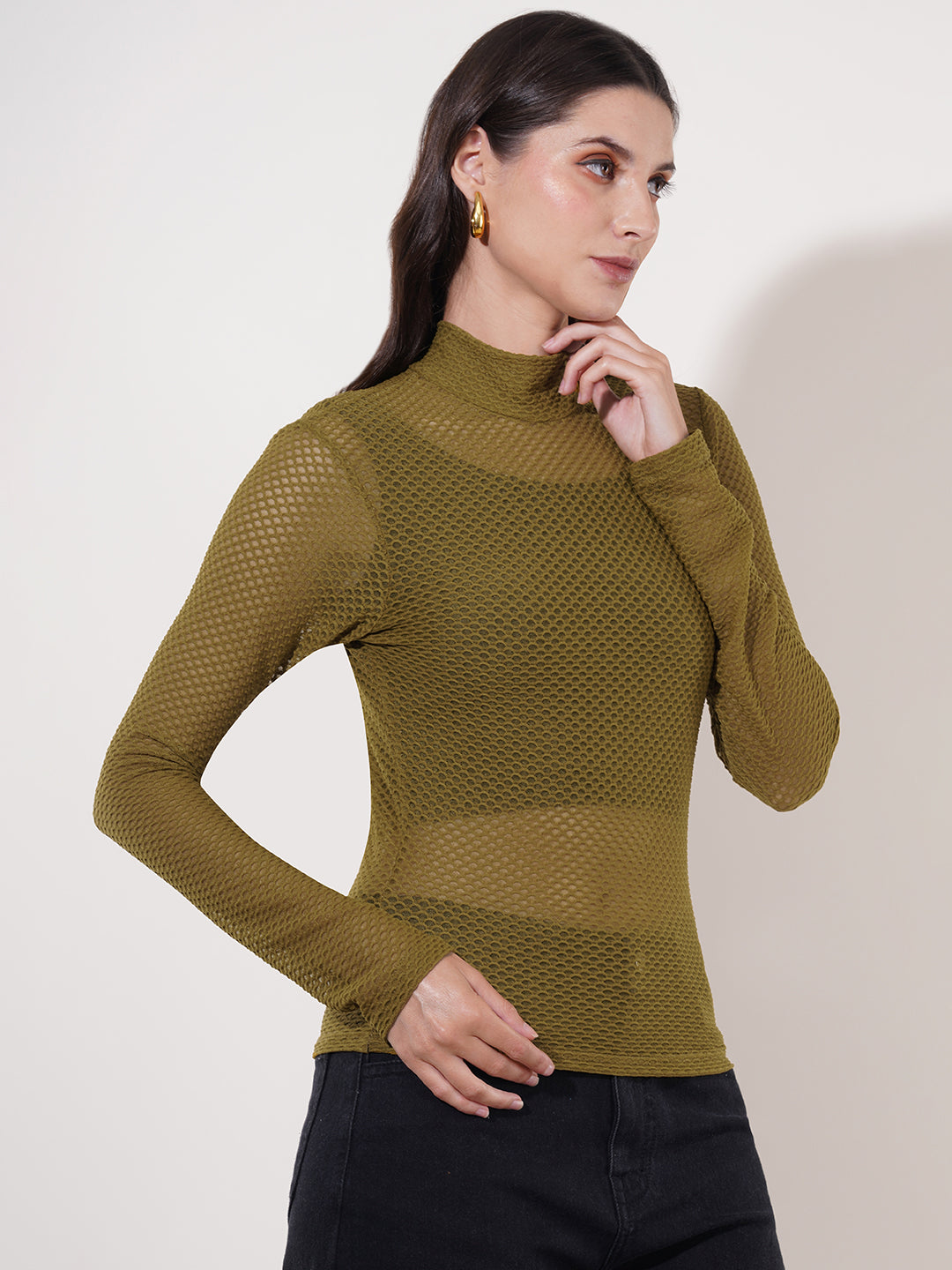 Clobug Women High Neck Full Sleeve Net Top