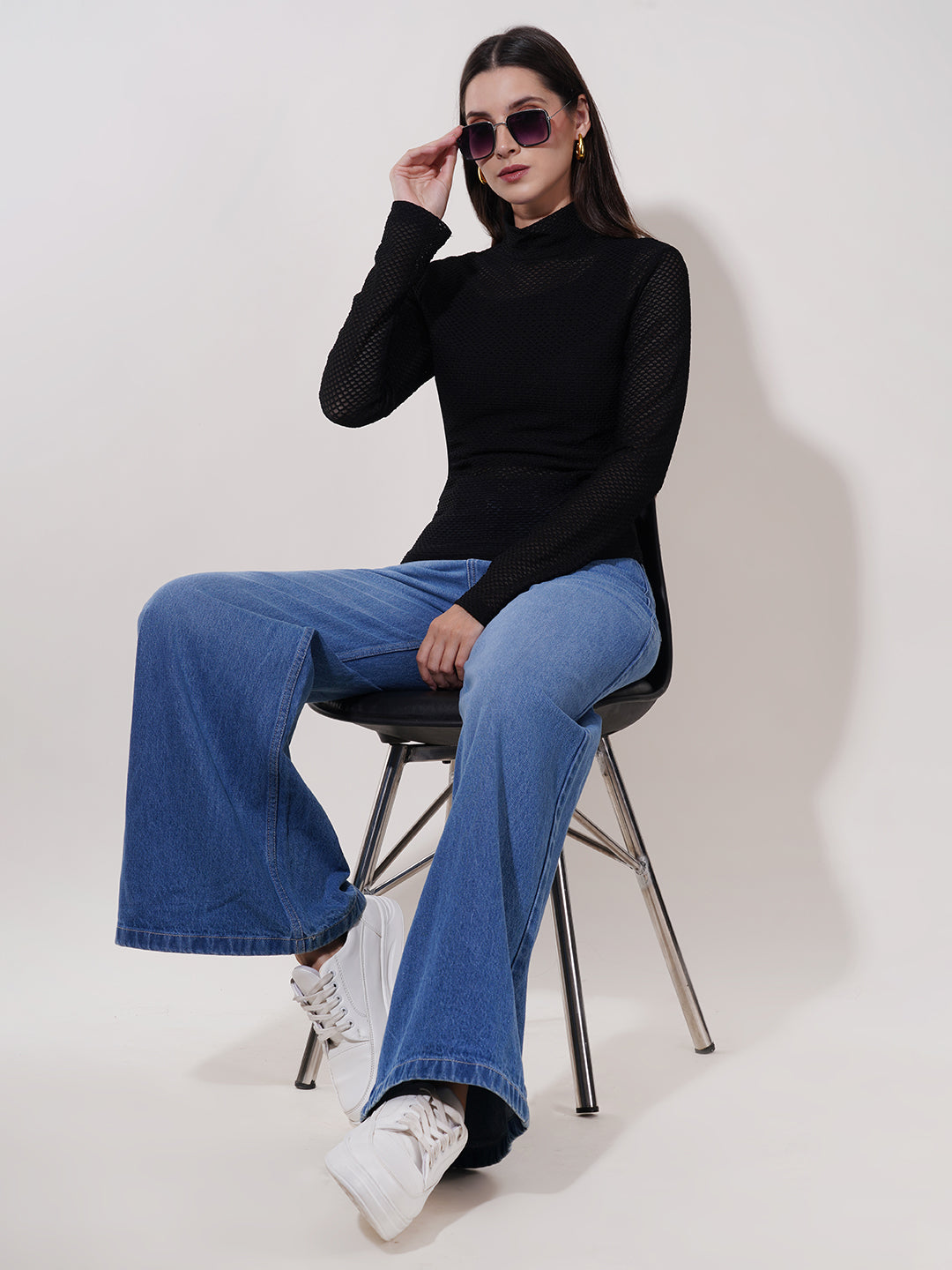 Clobug Women High Neck Full Sleeve Net Top