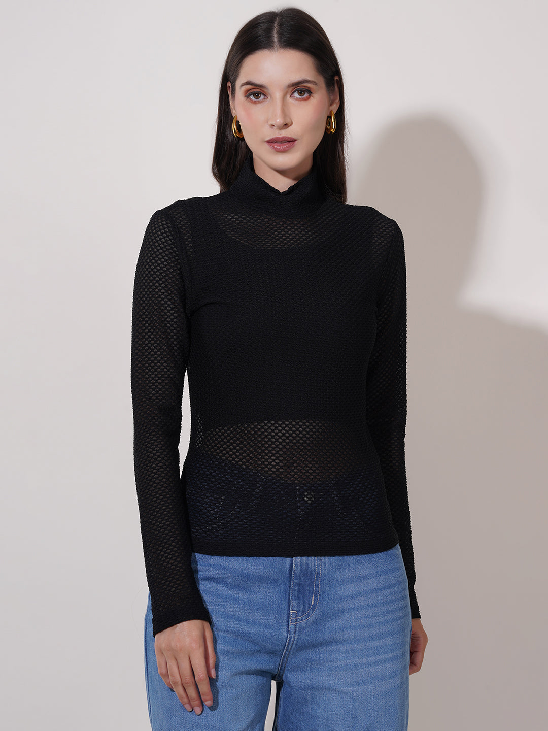 Clobug Women High Neck Full Sleeve Net Top