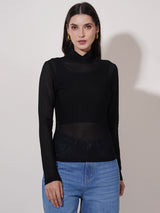 Clobug Women High Neck Full Sleeve Net Top