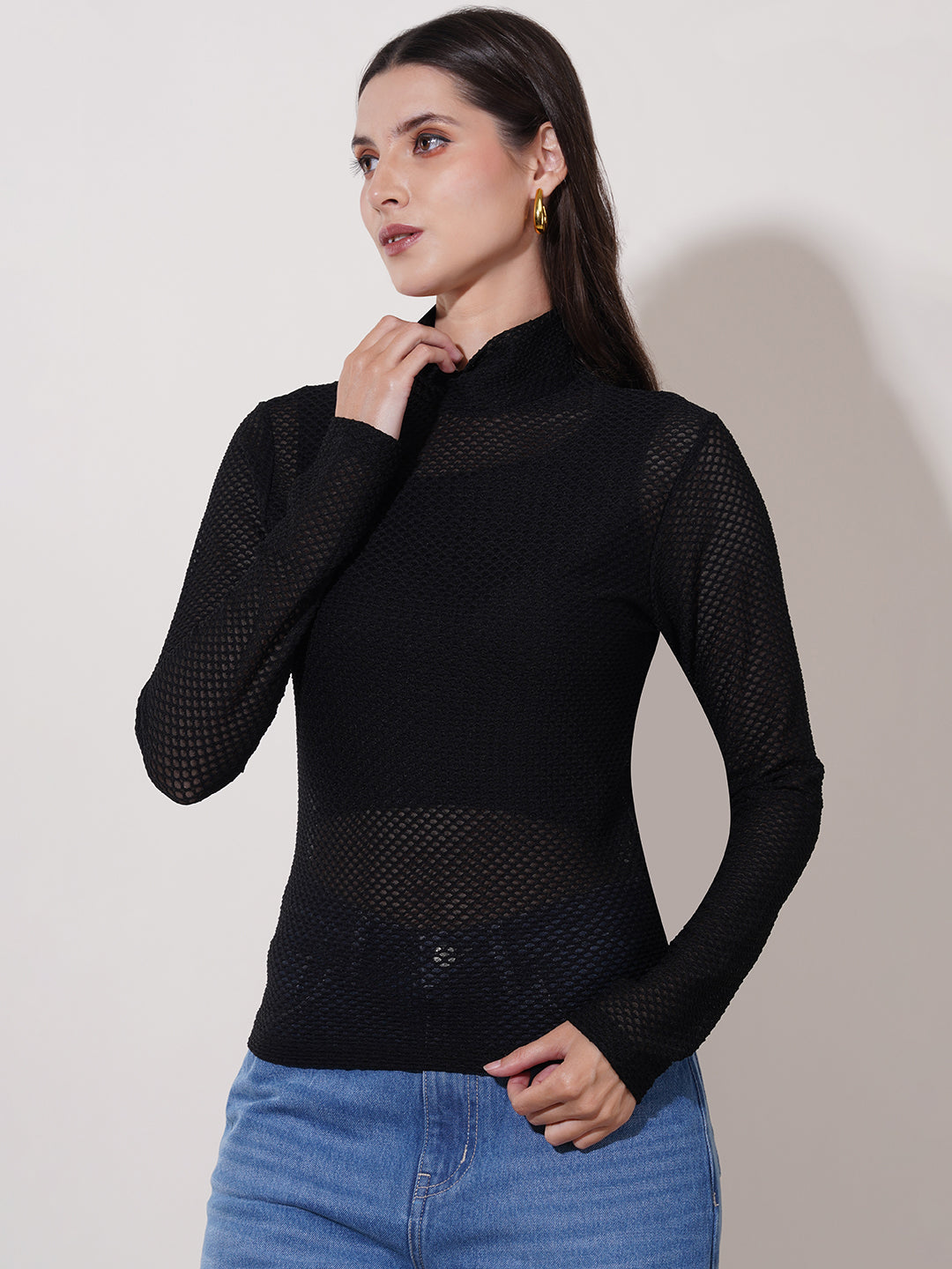 Clobug Women High Neck Full Sleeve Net Top