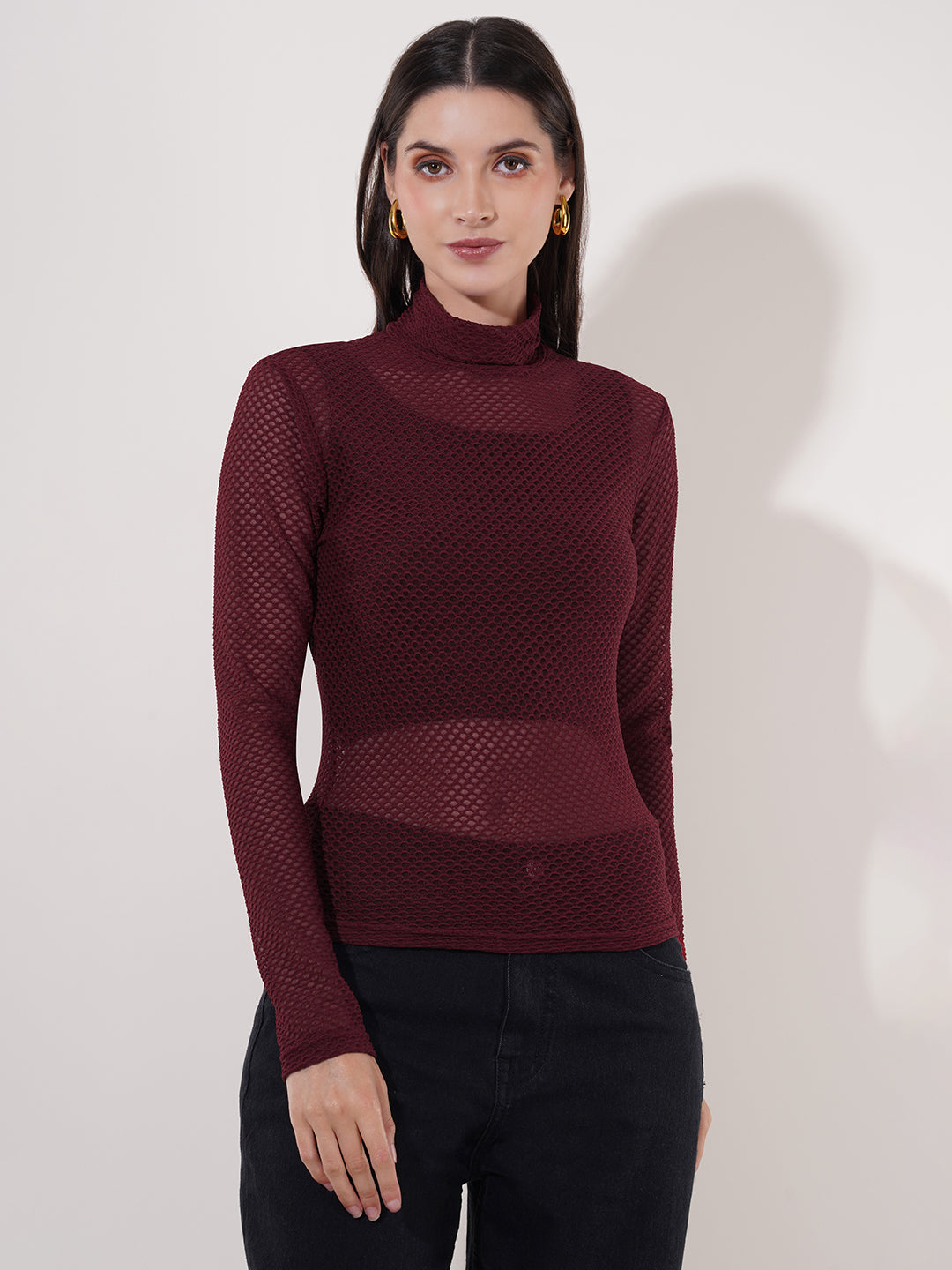 Clobug Women High Neck Full Sleeve Net Top