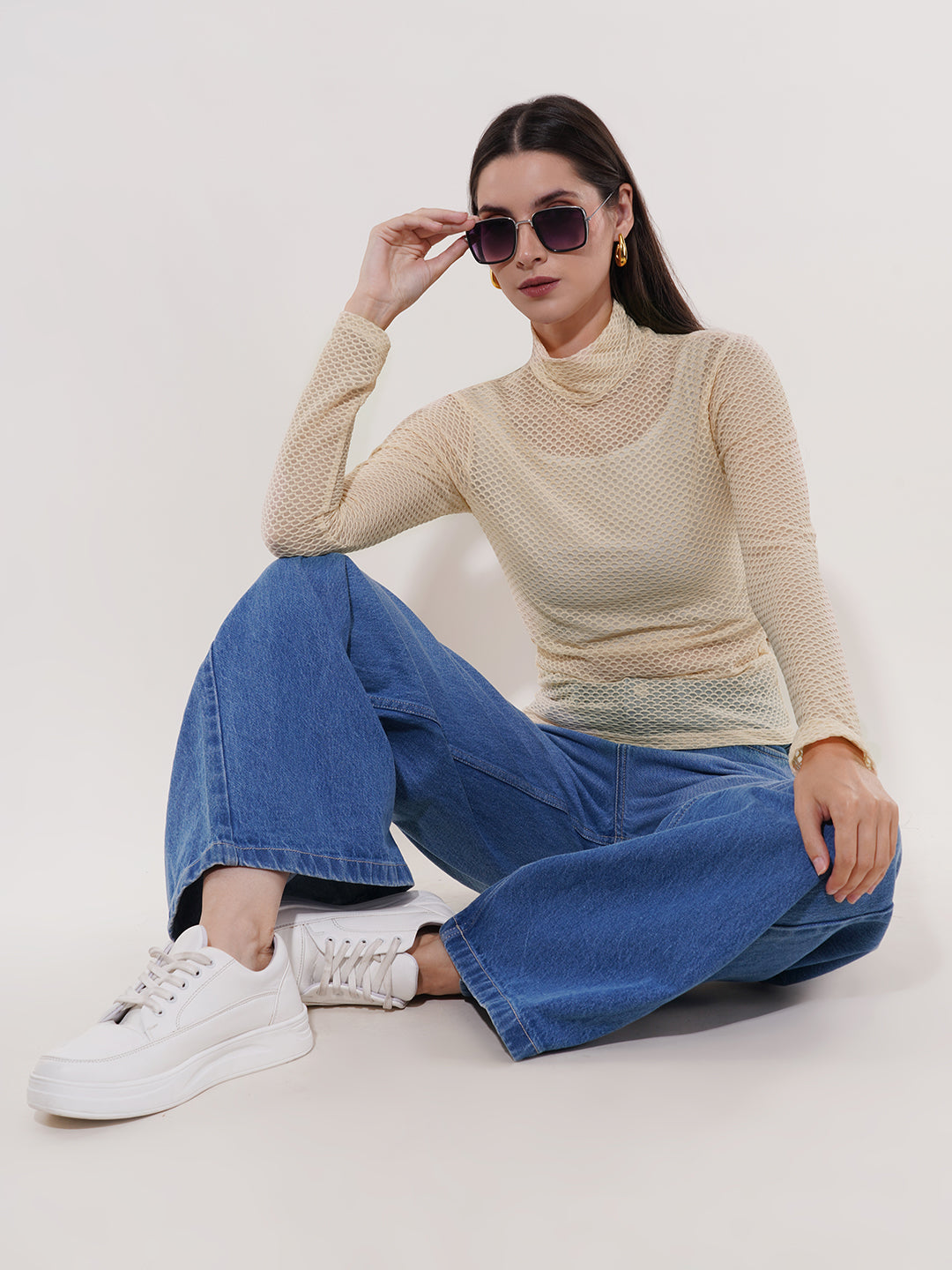 Clobug Women High Neck Full Sleeve Net Top