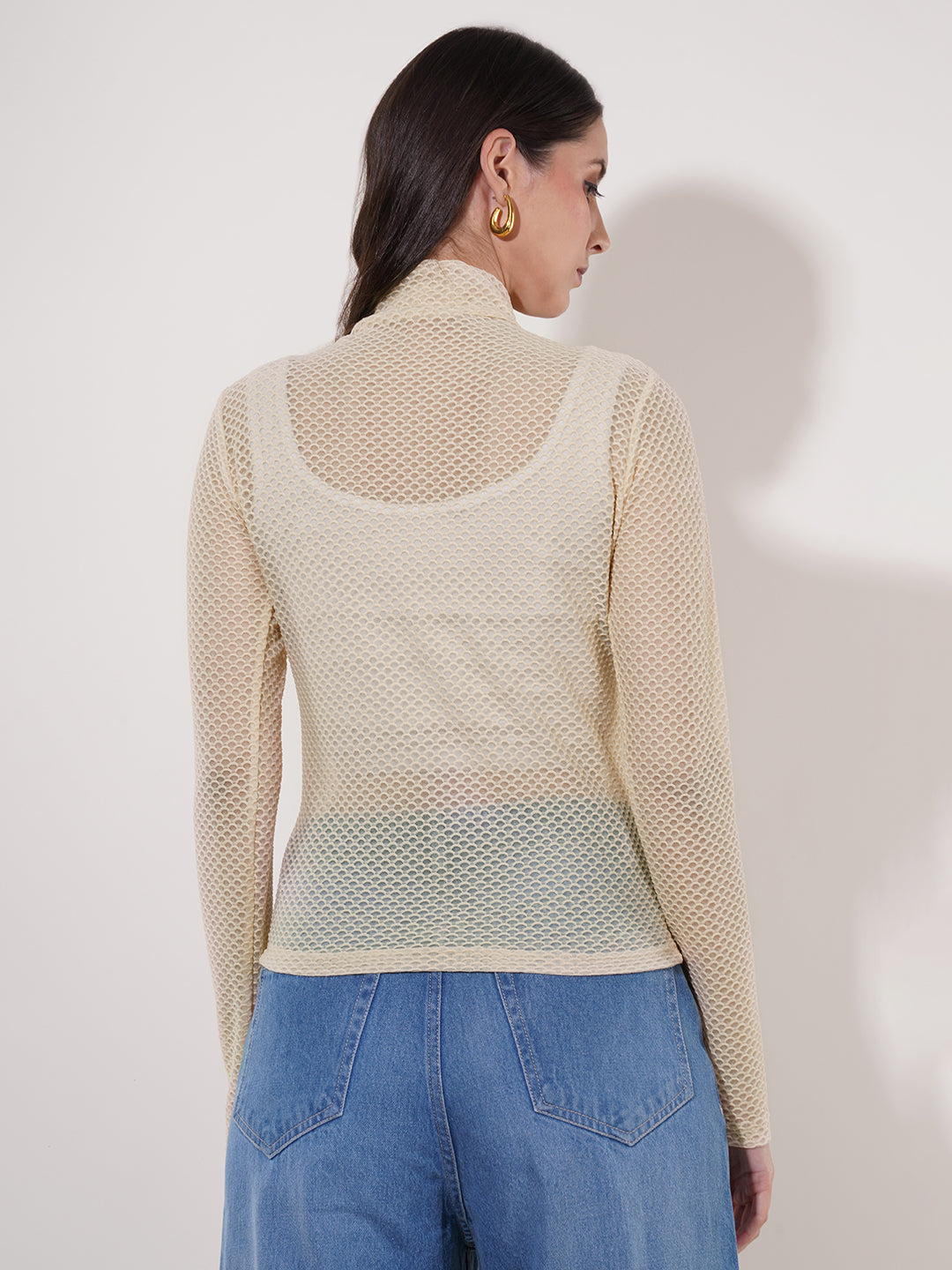 Clobug Women High Neck Full Sleeve Net Top