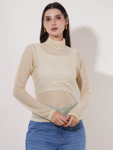 Clobug Women High Neck Full Sleeve Net Top