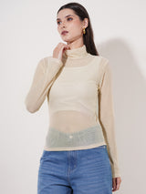 Clobug Women High Neck Full Sleeve Net Top